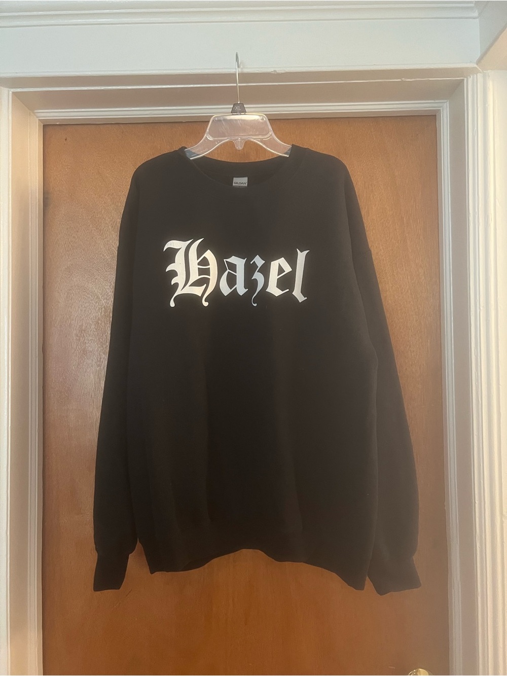 Gildan Women’s Black Long Sleeve Crewneck Sweatshirt with White "Hazel" Logo
